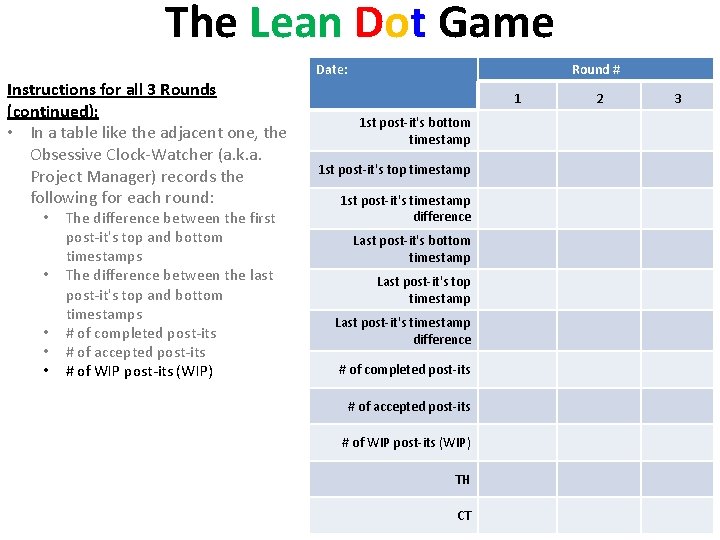 The Lean Dot Game Date: Instructions for all 3 Rounds (continued): • In a