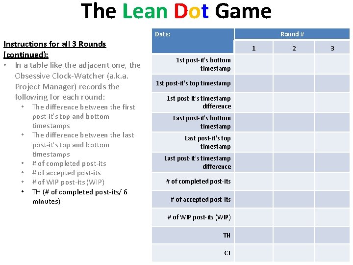 The Lean Dot Game Date: Instructions for all 3 Rounds (continued): • In a