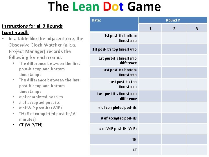 The Lean Dot Game Date: Instructions for all 3 Rounds (continued): • In a