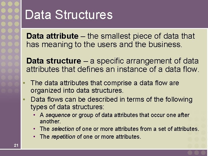 Data Structures Data attribute – the smallest piece of data that has meaning to