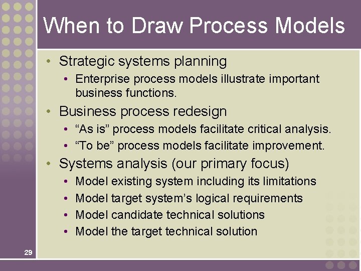 When to Draw Process Models • Strategic systems planning • Enterprise process models illustrate