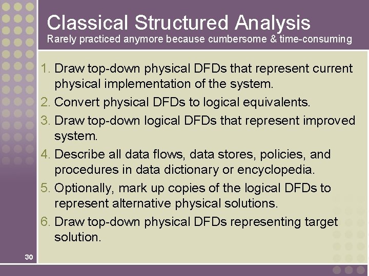 Classical Structured Analysis Rarely practiced anymore because cumbersome & time-consuming 1. Draw top-down physical