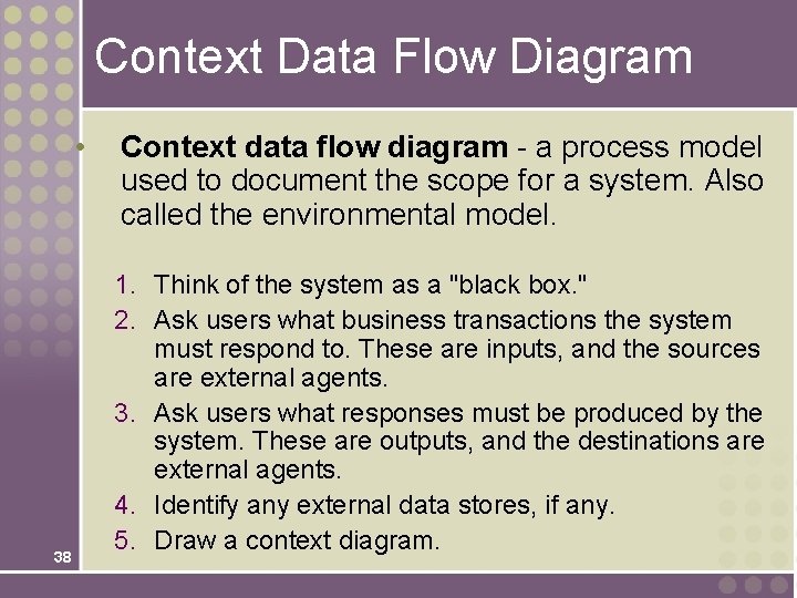 Context Data Flow Diagram • 38 Context data flow diagram - a process model