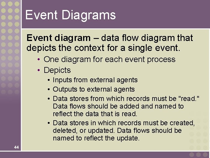 Event Diagrams Event diagram – data flow diagram that depicts the context for a