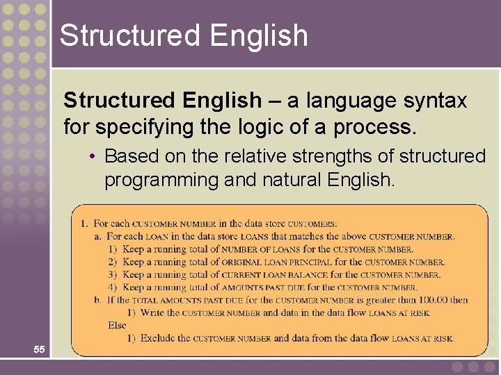 Structured English – a language syntax for specifying the logic of a process. •