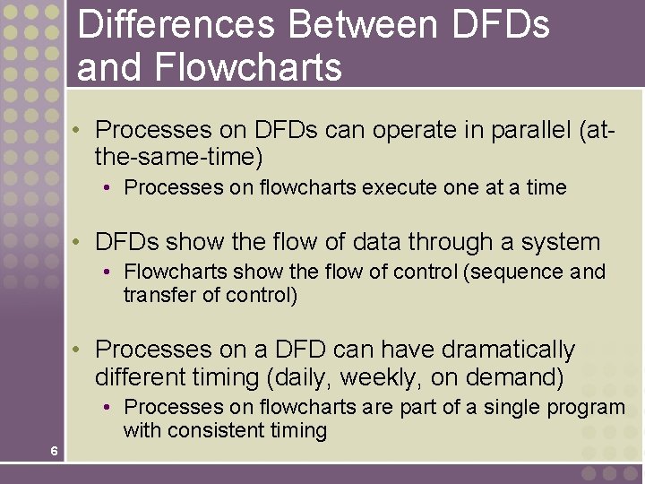 Differences Between DFDs and Flowcharts • Processes on DFDs can operate in parallel (atthe-same-time)