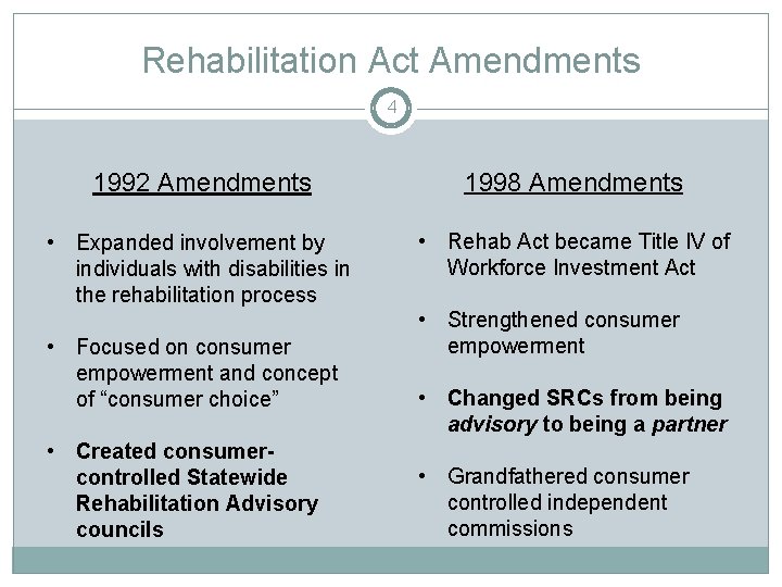 Rehabilitation Act Amendments 4 1992 Amendments 1998 Amendments • Expanded involvement by individuals with