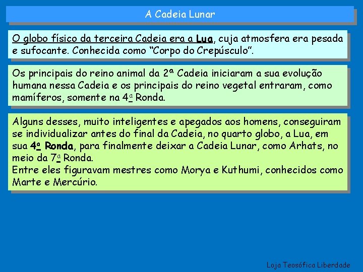 A Cadeia Lunar O globo físico da terceira Cadeia era a Lua, cuja atmosfera