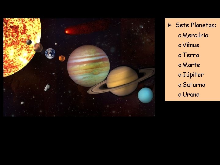 Ø Sete Planetas: o Mercúrio o Vênus o Terra o Marte o Júpiter o