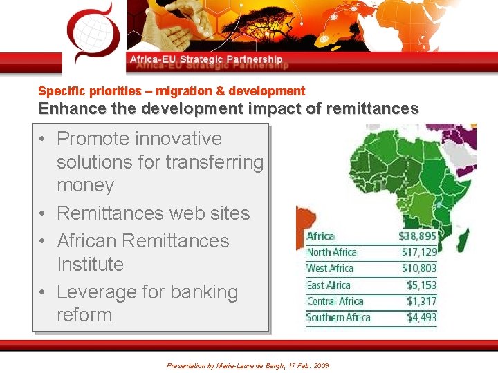 Specific priorities – migration & development Enhance the development impact of remittances • Promote