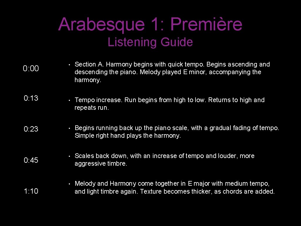 Arabesque 1: Première Listening Guide • Section A. Harmony begins with quick tempo. Begins