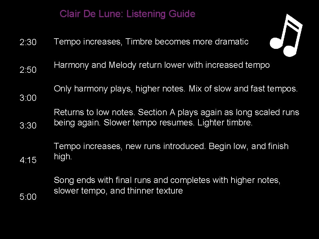 Clair De Lune: Listening Guide 2: 30 2: 50 3: 00 Tempo increases, Timbre