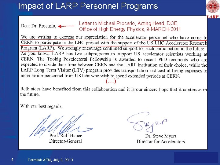 Impact of LARP Personnel Programs Letter to Michael Procario, Acting Head, DOE Office of