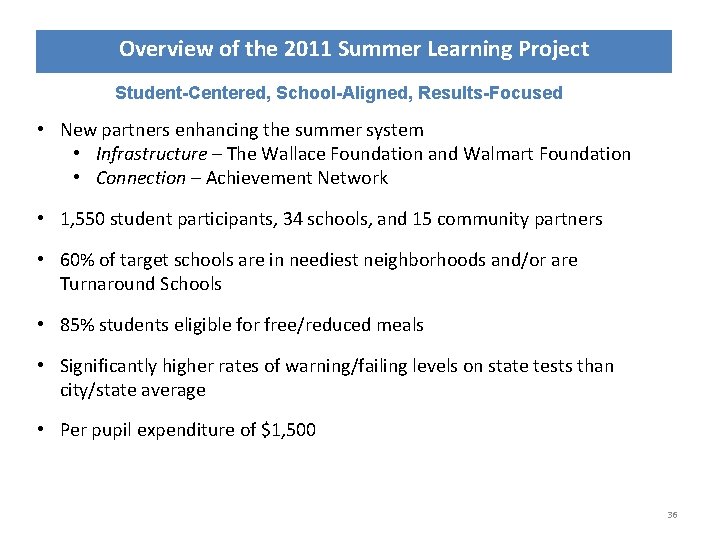 Overview of the 2011 Summer Learning Project Student-Centered, School-Aligned, Results-Focused • New partners enhancing