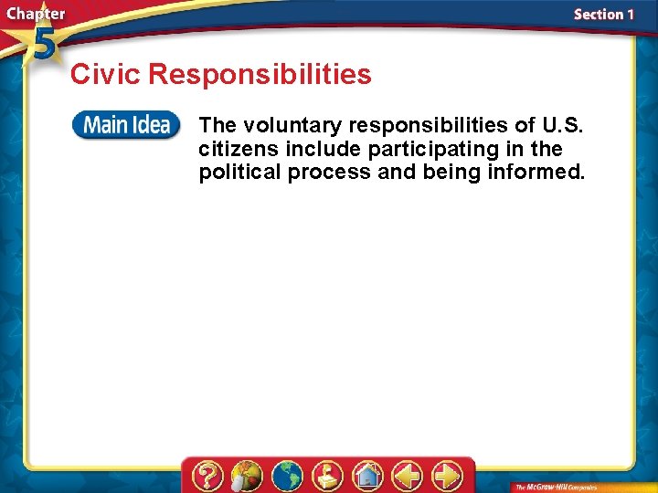 Civic Responsibilities The voluntary responsibilities of U. S. citizens include participating in the political