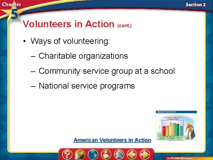 Volunteers in Action (cont. ) • Ways of volunteering: – Charitable organizations – Community