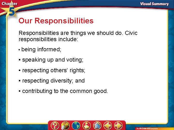 Our Responsibilities are things we should do. Civic responsibilities include: • being informed; •