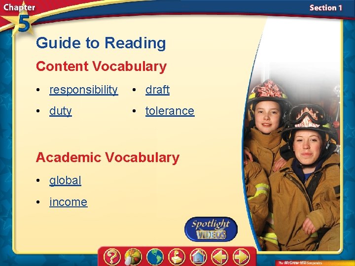 Guide to Reading Content Vocabulary • responsibility • draft • duty • tolerance Academic