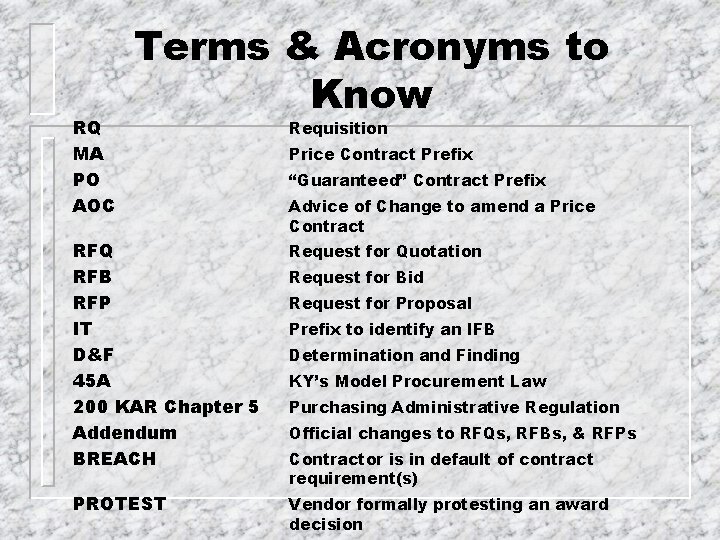 RQ MA PO AOC Terms & Acronyms to Know Requisition Price Contract Prefix “Guaranteed”