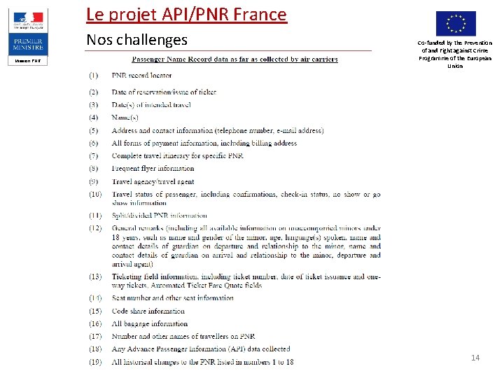 Le projet API/PNR France Nos challenges Mission PNR Co-funded by the Prevention of and