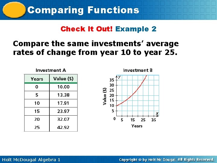Comparing Functions Check It Out! Example 2 Compare the same investments’ average rates of Comparing Functions Check It Out! Example 2 Compare the same investments’ average rates of