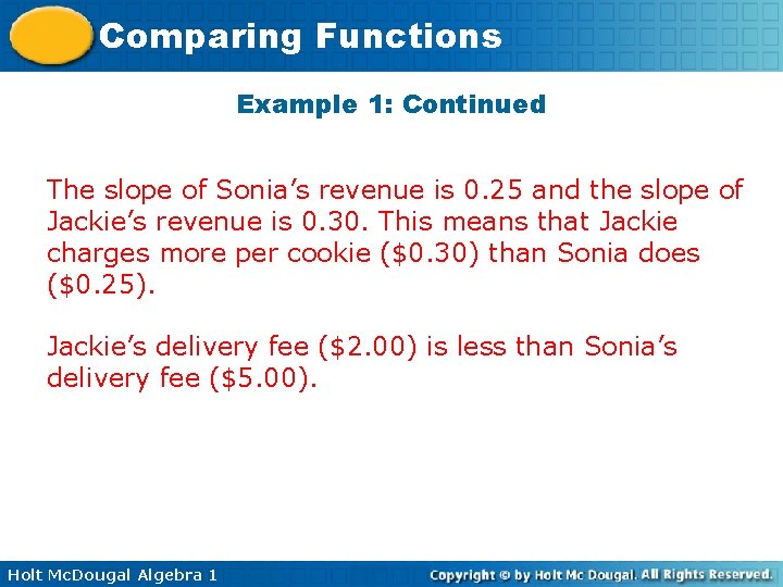 Comparing Functions Example 1: Continued The slope of Sonia’s revenue is 0. 25 and Comparing Functions Example 1: Continued The slope of Sonia’s revenue is 0. 25 and