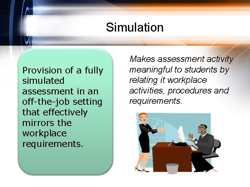 Simulation Provision of a fully simulated assessment in an off-the-job setting that effectively mirrors