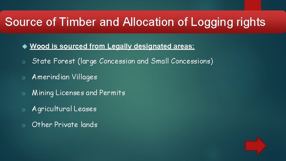 Source of Timber and Allocation of Logging rights Wood is sourced from Legally designated