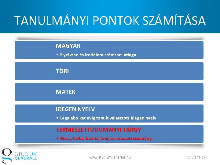 TANULMÁNYI PONTOK SZÁMÍTÁSA MAGYAR • Nyelvtan és irodalom számtani átlaga TÖRI MATEK IDEGEN NYELV