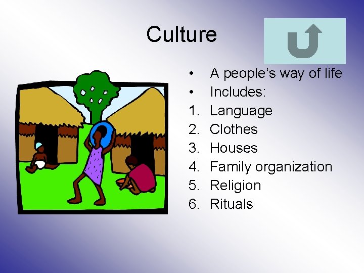 Culture • • 1. 2. 3. 4. 5. 6. A people’s way of life