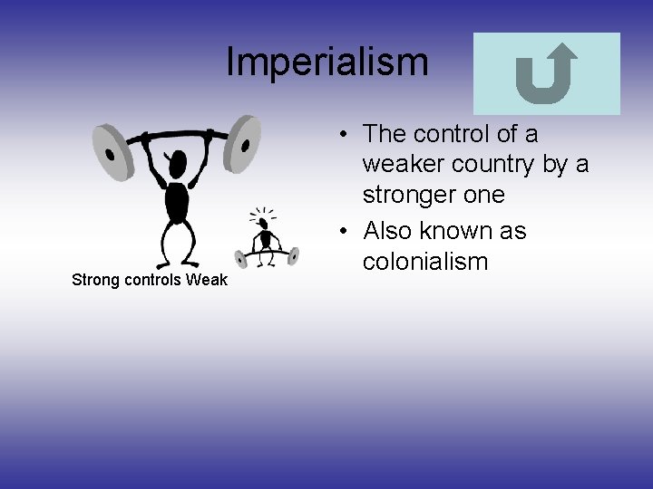 Imperialism Strong controls Weak • The control of a weaker country by a stronger