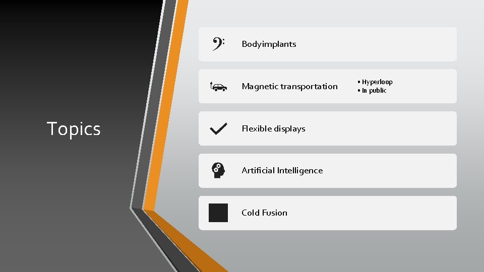 Bodyimplants Magnetic transportation Topics Flexible displays Artificial Intelligence Cold Fusion • Hyperloop • In