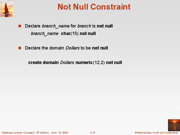 Not Null Constraint n Declare branch_name for branch is not null branch_name char(15) not