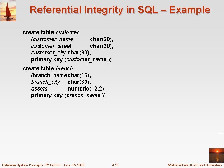 Referential Integrity in SQL – Example create table customer (customer_name char(20), customer_street char(30), customer_city
