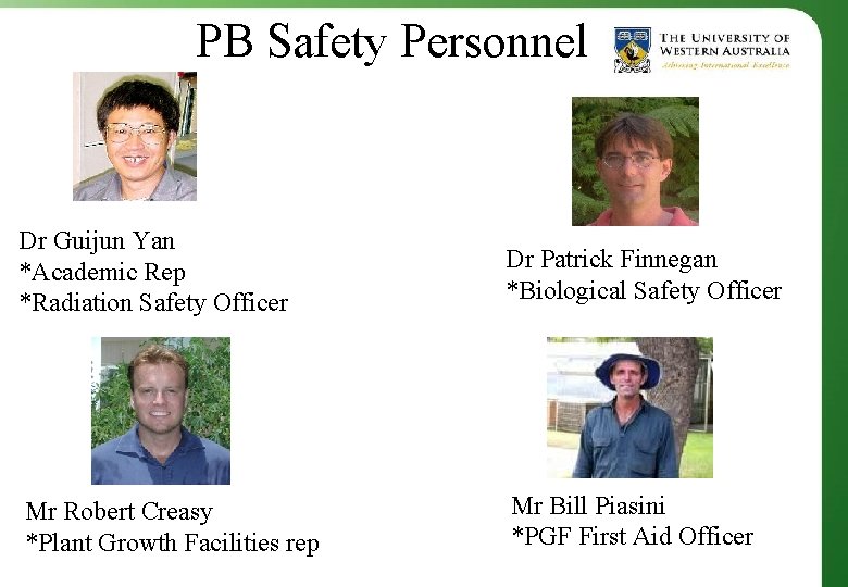 PB Safety Personnel Dr Guijun Yan *Academic Rep *Radiation Safety Officer Dr Patrick Finnegan