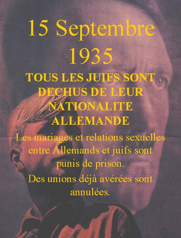 15 Septembre 1935 TOUS LES JUIFS SONT DECHUS DE LEUR NATIONALITE ALLEMANDE Les mariages