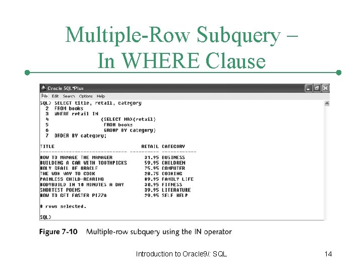 Multiple-Row Subquery – In WHERE Clause Introduction to Oracle 9 i: SQL 14 