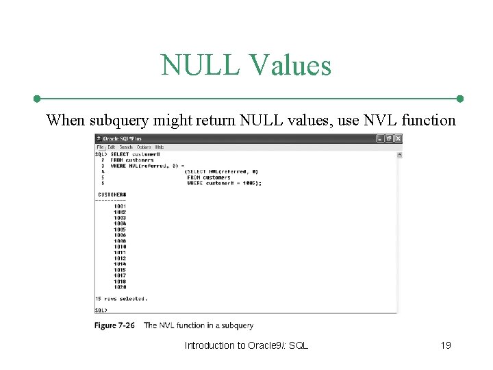 NULL Values When subquery might return NULL values, use NVL function Introduction to Oracle