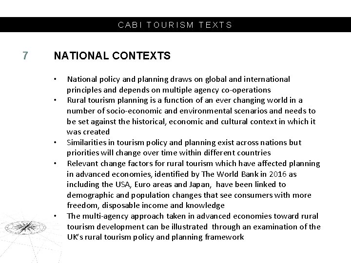 CABI TOURISM TEXTS 7 NATIONAL CONTEXTS • • • National policy and planning draws