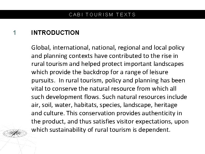 CABI TOURISM TEXTS 1 INTRODUCTION Global, international, regional and local policy and planning contexts