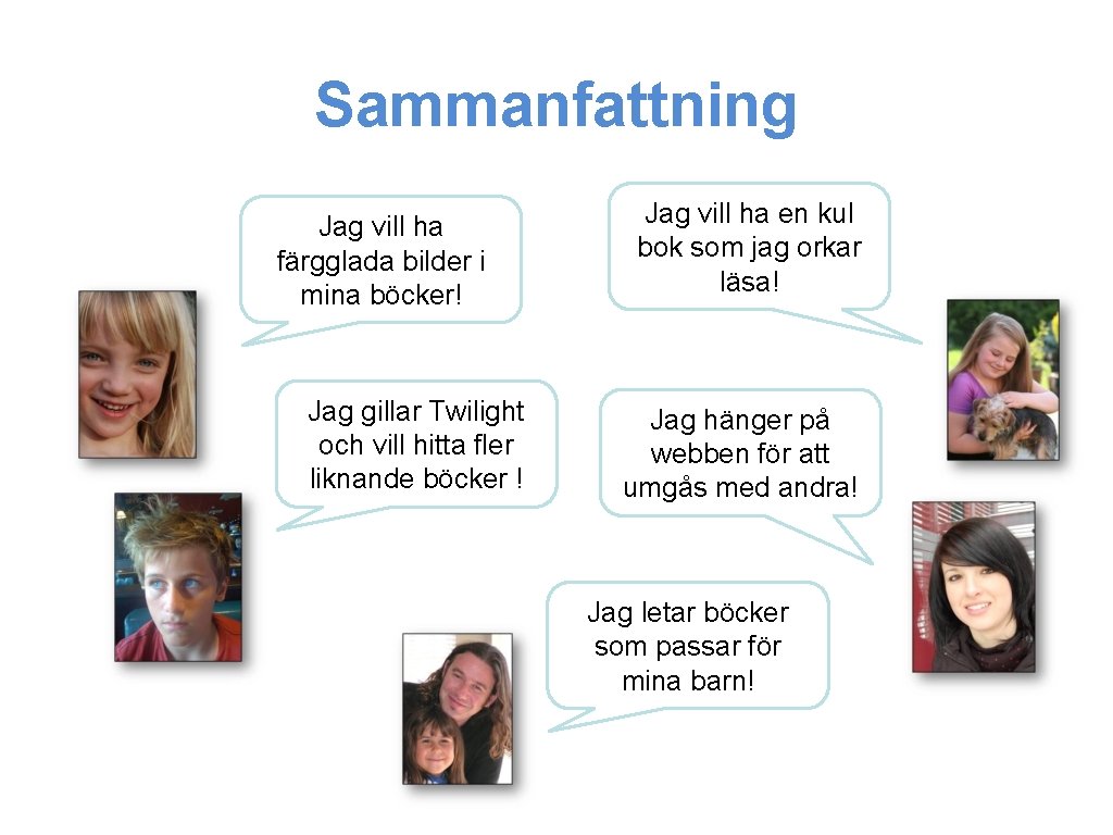 Sammanfattning Jag vill ha färgglada bilder i mina böcker! Jag gillar Twilight och vill