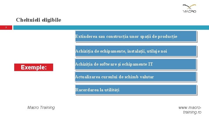 Cheltuieli eligibile 7 Extinderea sau construcția unor spații de producție Achiziția de echipamente, instalații,