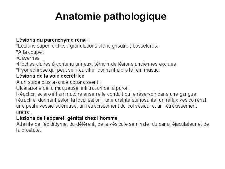 Anatomie pathologique Lésions du parenchyme rénal : *Lésions superficielles : granulations blanc grisâtre ;