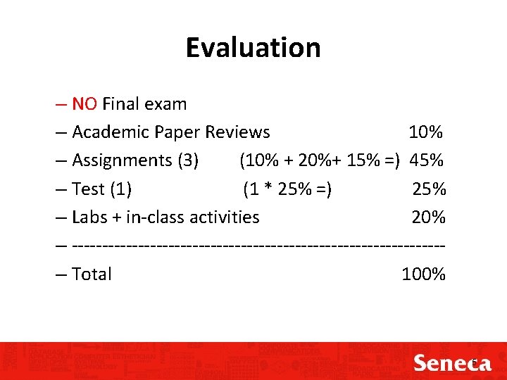 Evaluation – NO Final exam – Academic Paper Reviews 10% – Assignments (3) (10%