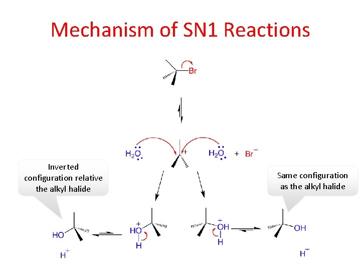 Mechanism of SN 1 Reactions Inverted configuration relative the alkyl halide Same configuration as