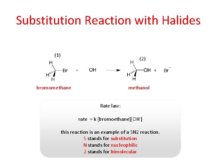 Substitution Reaction with Halides (1) (2) bromomethane methanol Rate law: rate = k [bromoethane][OH-]