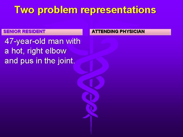Two problem representations SENIOR RESIDENT 47 -year-old man with a hot, right elbow and