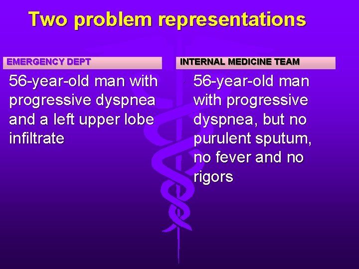 Two problem representations EMERGENCY DEPT INTERNAL MEDICINE TEAM 56 -year-old man with progressive dyspnea