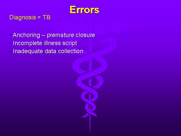 Diagnosis = TB Errors • Anchoring – premature closure • Incomplete illness script •