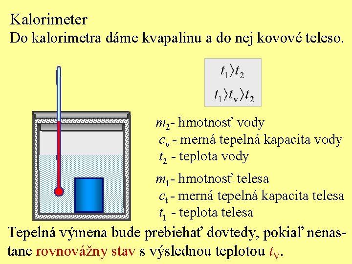 Kalorimeter Do kalorimetra dáme kvapalinu a do nej kovové teleso. m 2 - hmotnosť